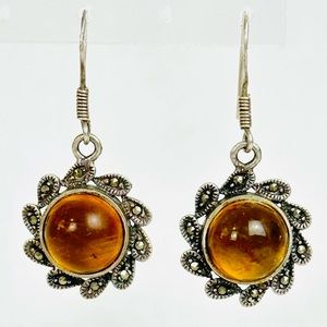 STERLING SILVER .925 Marcasite Sun Design Earrings with Amber Colored Cabochon